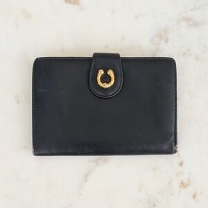 Vintage Gucci Navy Black Leather Bifold Wallet Gold Horseshoe Kiss Lock Italy